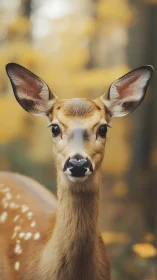 Young deer portrait in shallow depth autumn forest light.