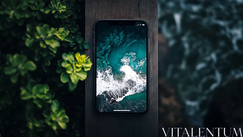 Smartphone displaying aerial ocean waves on wooden post.
