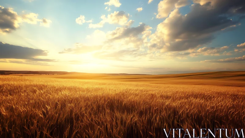 Golden wheat field glows under low sunset over rolling plains