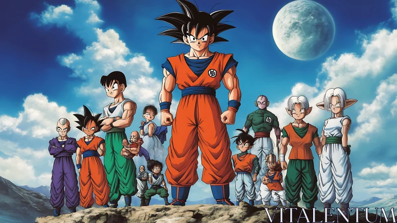 Heroic anime warriors united beneath luminous full moon.