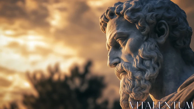 Classical marble philosopher profile in warm sunset light.