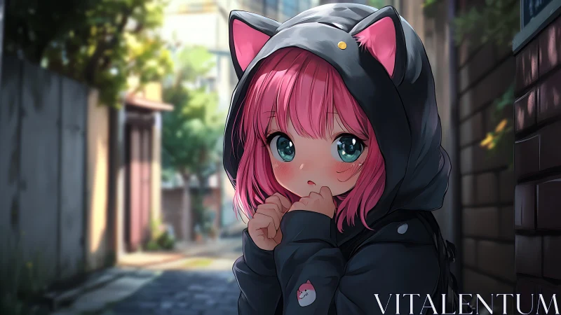 Anime street portrait of shy girl in cat-ear hoodie at dusk.