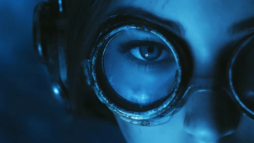 Monochrome cyan closeup of goggled cyber-optical observer.