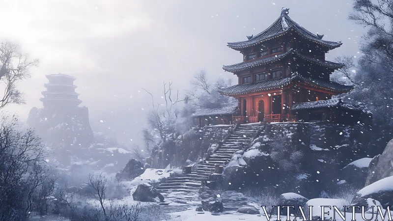Snowfall surrounds a serene mountain temple glowing warmly