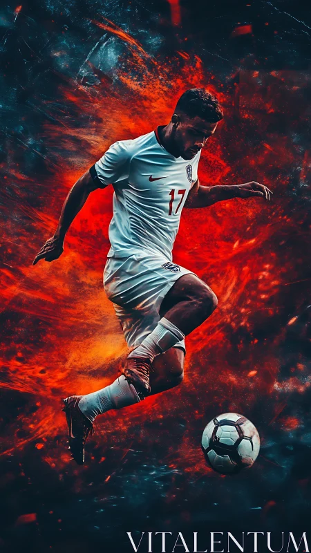 Soccer player mid-air kick framed by blazing abstract energy