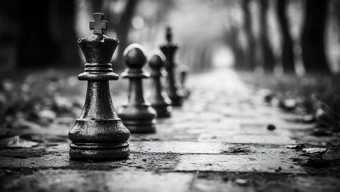 Chess king stands on wet stone path in soft depth blur