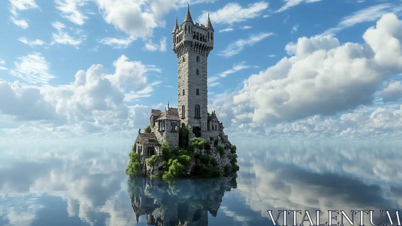 Medieval castle tower rendered on isolated rocky outcrop with photorealistic atmospheric sky and wat