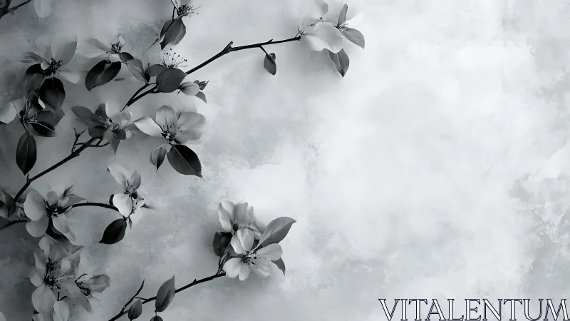 Monochrome flowering branches against textured background.