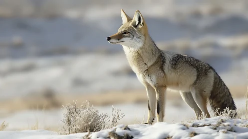 Coyote in winter steppe observed in side-profile telephoto capture