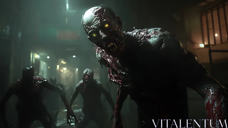 Grotesque zombie lunges forward in a dim, misty alleyway