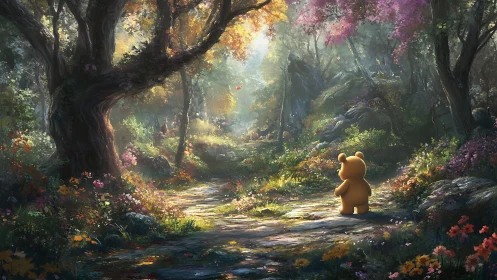 Bear explores sunlit forest path through vivid spring bloom
