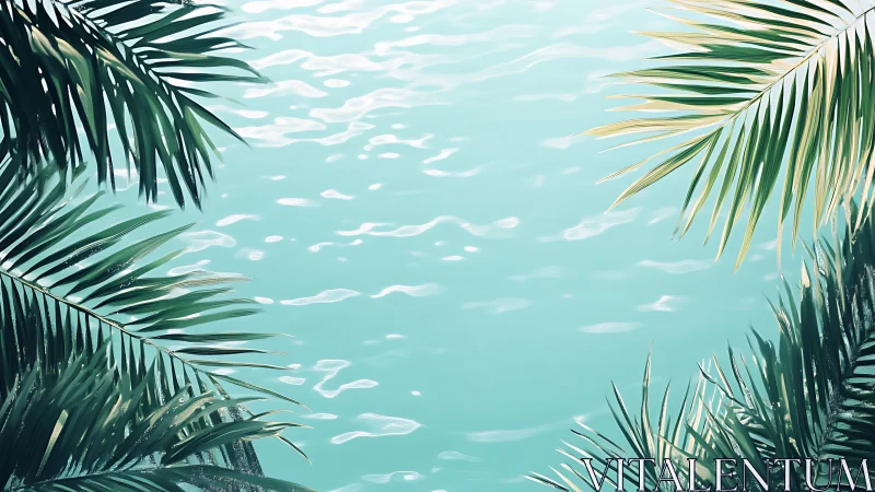 Tropical palm canopy frames tranquil turquoise water surface.
