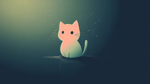 Kawaii Cat Character Glowing Against Teal Gradient Night Sky.