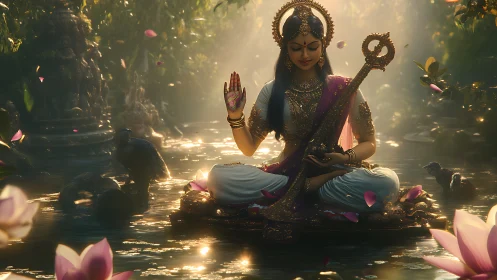Divine musician meditates on lotus raft in glowing forest water
