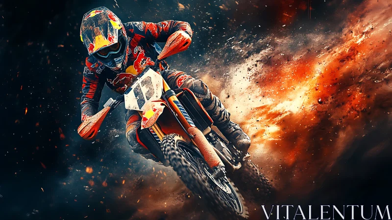 Motocross rider on dirt bike amid dynamic dust trail.