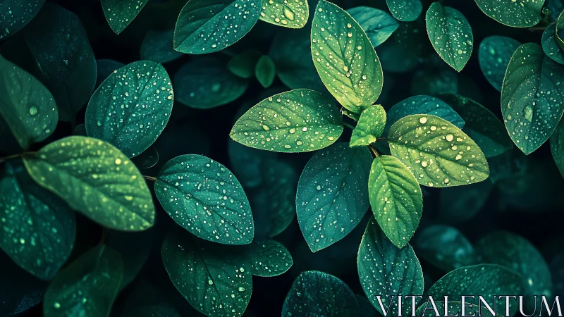Gentle green leaves glistening softly with fresh raindrops.