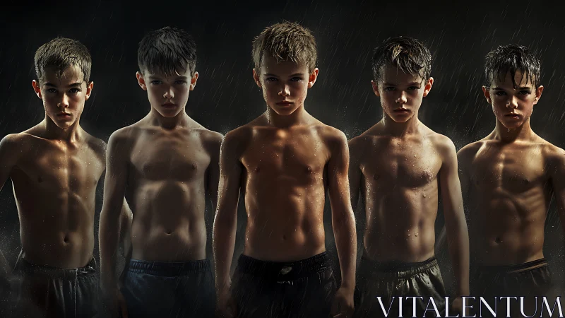 Five Boys in Rain: Portrait of Youthful Determination.
