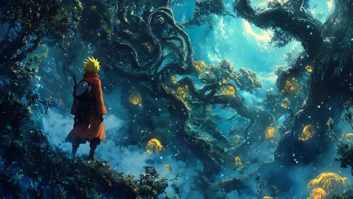 Lone cloaked wanderer in luminous spiral forest under teal vortex