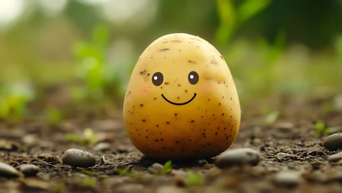 Smiling cartoon potato rendered in shallow-depth 3D style