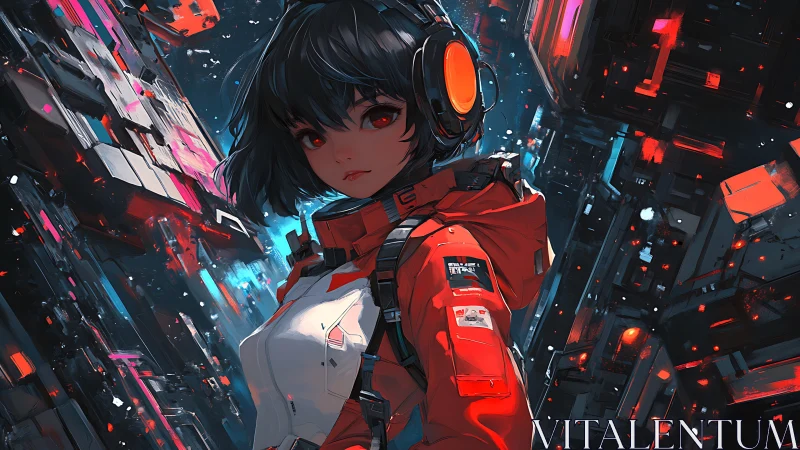 Cyberpunk girl in red jacket amid neon city shards.