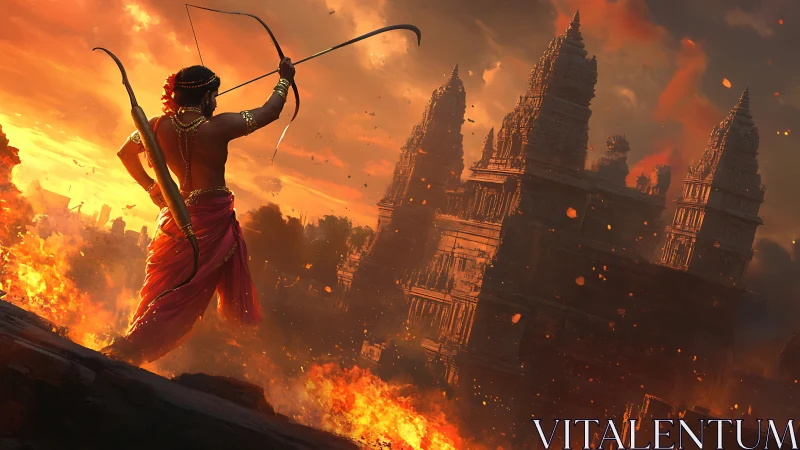 Warrior archer at sunset defending a burning temple city.
