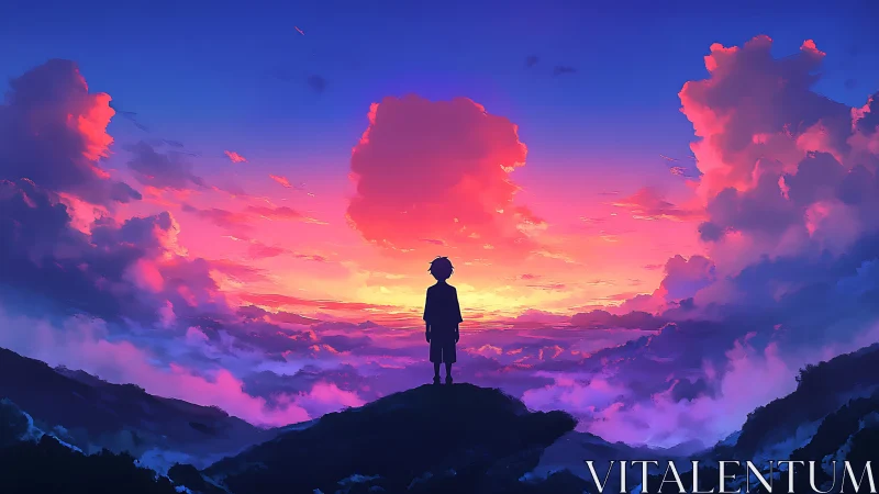 Silhouette of child on hill against vivid sunset sky.