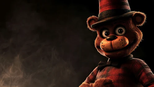 Friendly toy bear in a smoky spotlight with playful grin.