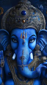 Radiant blue elephant deity in jeweled celestial calm.