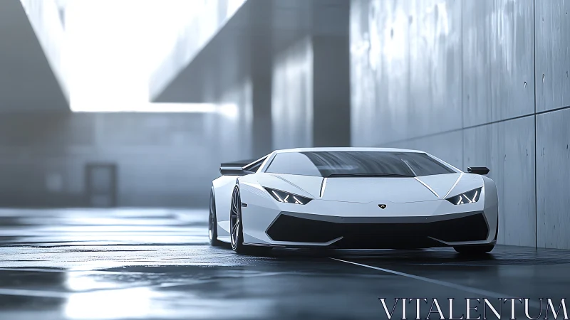 White sports coupe in reflective modern concrete corridor.