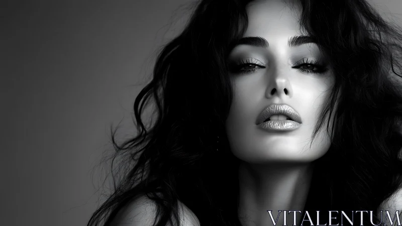 Monochrome close up of woman with wavy hair and glossed lips.