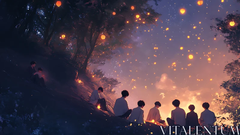 Lantern-lit hillside gathering under glowing twilight sky.