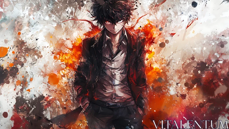 Smoldering antihero strolling through an abstract firestorm.