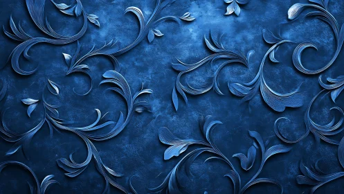 Embossed blue floral scrollwork on textured background.