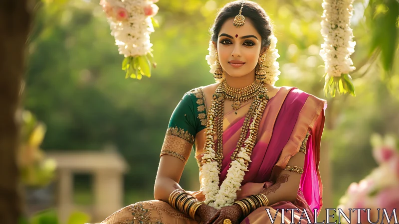 Woman in traditional attire sits outdoors in soft daylight