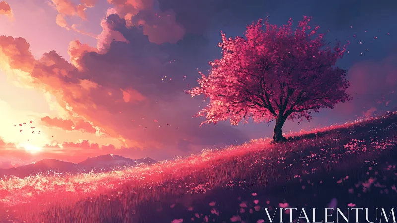 Sunset blossom tree on a glowing pink hillside dreamscape.