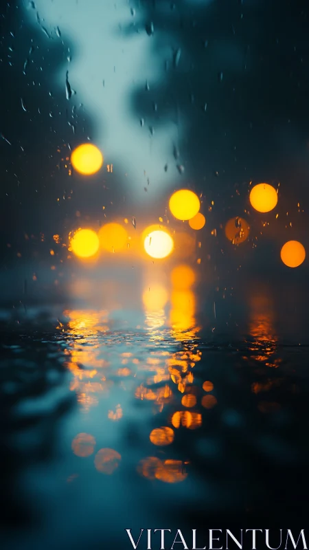 Golden city lights shimmer through a rainy twilight street