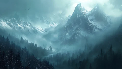 Snow-covered mountain range with distant solitary fortress.