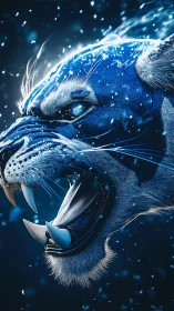 Blue Tiger Head with Digital Ice Particle Effect.