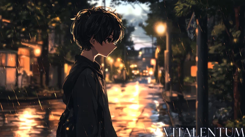 Moody anime street portrait in cinematic rainy backlighting.