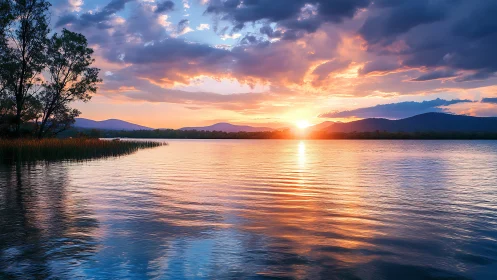 Sunset over tranquil lake with vivid reflective color palette.