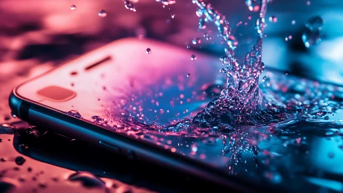 Neon tide crashing over a glowing smartphone shore.