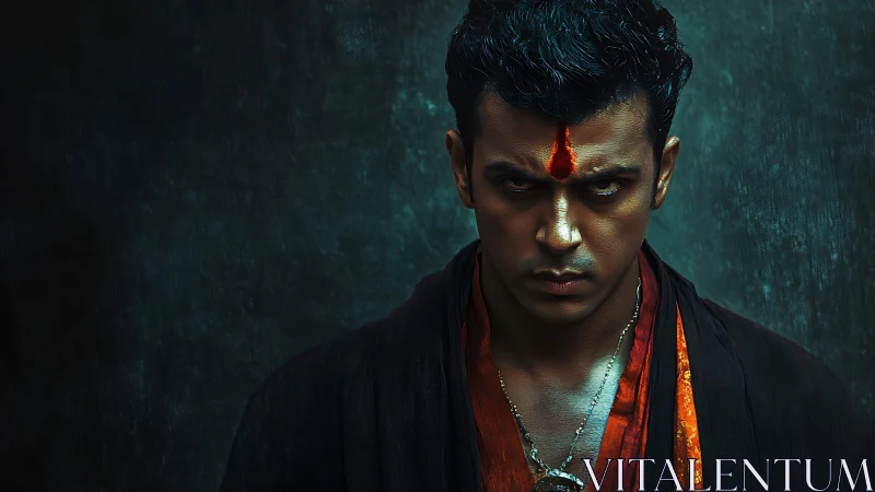 Intense portrait with sacred mark and dark backdrop.