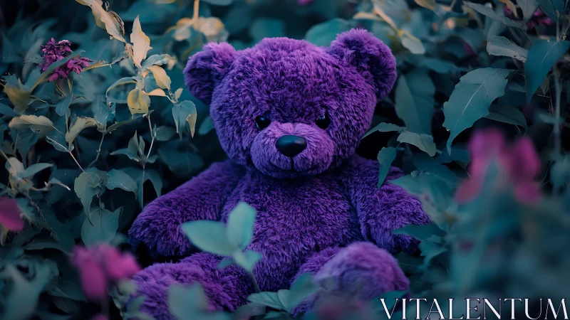 Violet plush teddy bear in foliage under cool-toned shallow depth