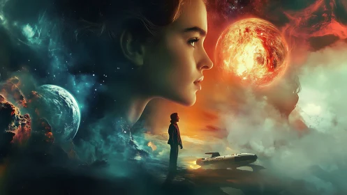 Starlit dreamer surveys twin worlds in blazing cosmic mist.