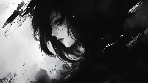 Monochrome anime portrait with expressive ink abstraction.