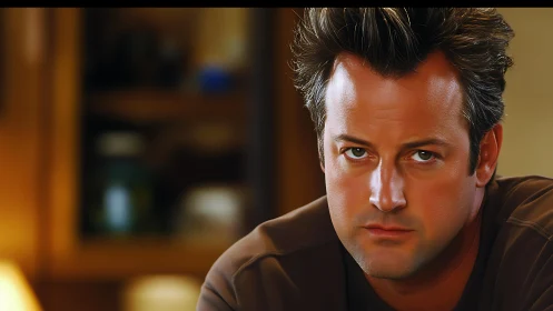 Photorealistic close-up male portrait with warm interior bokeh.