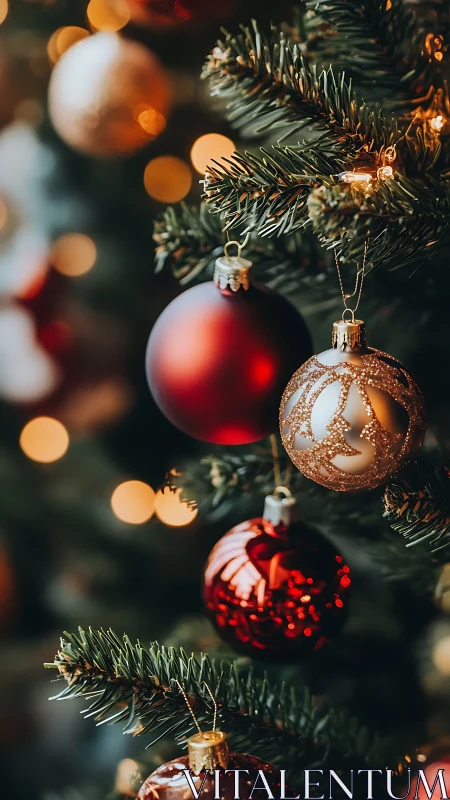 Christmas tree ornaments with warm festive lights.
