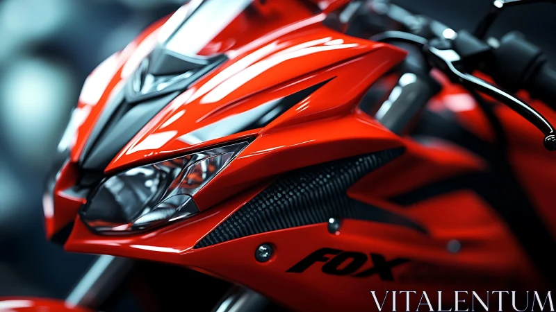 Red sport motorcycle front fairing and headlight closeup.