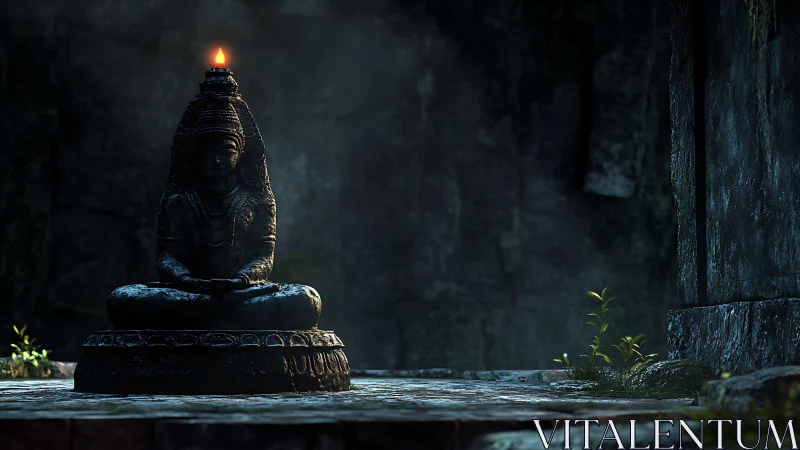 Stone Buddha shrine with single flame in misty ruin court.