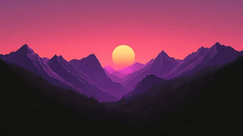 Gradient-lit alpine silhouettes with stylized sun and layered depth